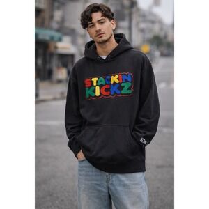 Stackin Kickz Black‎ Chenille Patch Graphic Hoodie Mens 2XL Streetwear Oversized